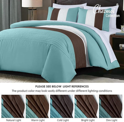 Chezmoi Collection Briar 7-Piece Queen Bed in a Bag - All Season Lightweight Microfiber Comforter Set - Includes Sheets & Shams - Blue/Brown/Beige Pleated Stripe Design