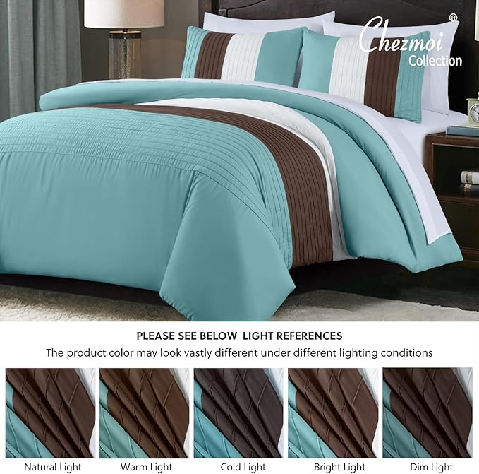 Chezmoi Collection Briar 7-Piece California King Bed in a Bag - All Season Lightweight Microfiber Comforter Set - Includes Sheets & Shams - Blue/Brown/Beige Pleated Stripe Design