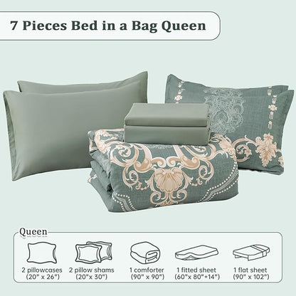 Mybedsoul Sage Green Queen Comforter Set, 7 Pieces Boho Bed in a Bag for Queen Bed, Damask Comforter with Sheets Pillowcases, Soft Microfiber Lightweight Bedding Sets for All Season(90"x90")