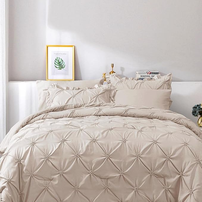 JOLLYVOGUE Beige Full Size Comforter Sets 7 Pieces, Pintuck Bed in a Bag Comforter Set for Bedroom, Bedding Comforter Sets with Comforter, Sheets,Ruffled Shams & Pillowcases