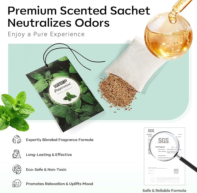 MYARO 12 Pack Peppermint Scented Sachets for Drawer, Closet & Car | Invigorating Odor Eliminator & Air Freshener Bags | Crisp, Cool Mint Fragrance for Shoes, Gym Bag & Home