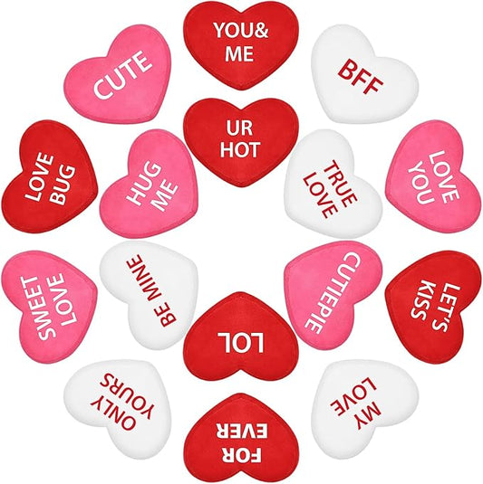 Kathfly 16 Pcs Valentine's Day Conversation Heart Plush Throw Pillows Candy Plush Conversation Hearts Valentines Stuffed Throw Pillow Decoration for Wedding Holiday Party Favors(White, Pink, Red)