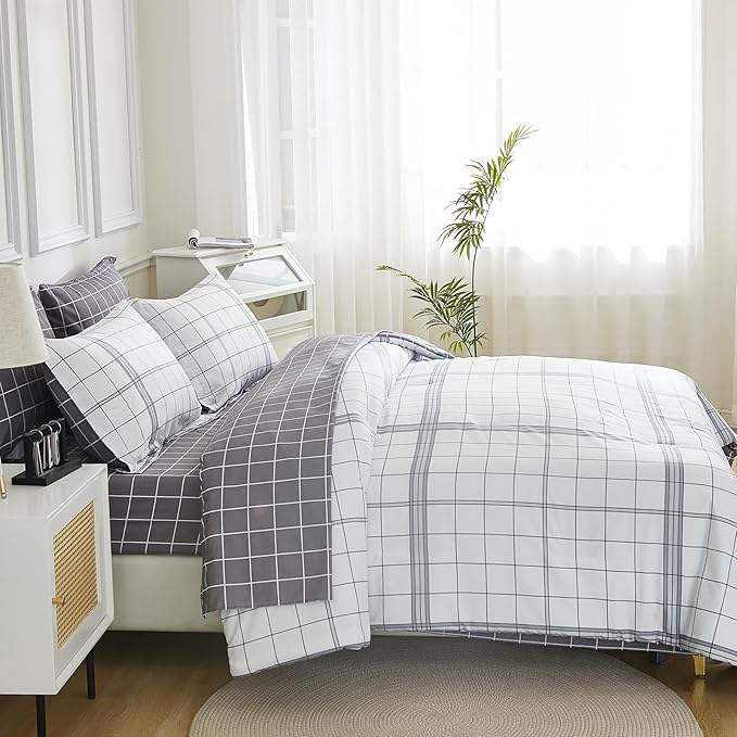 EMME King Comforter Set-7 Pieces Bed in a Bag Plaid Bedding Sets with Black White Comforter,Sheets, Pillowcases and Shams,Soft Microfiber Down Alternative for All Season