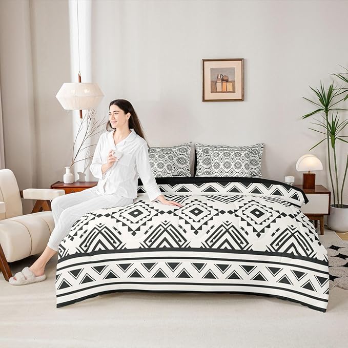 Erosebridal Boho Western Queen Comforter Set with Sheets 7 Piece Grey White Southwestern Bed in A Bag Rustic Farmhouse Aztec Bedding Sets for Men Adults Modern Geometric Diamond Bed Set