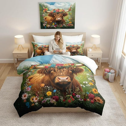 Colorful Cattle Full Size Comforter Sets,Western Bedding Set for Boys Girls,3 Pieces Soft Fluffy Microfiber Bed Set with 2 Pillowcases/79 * 90