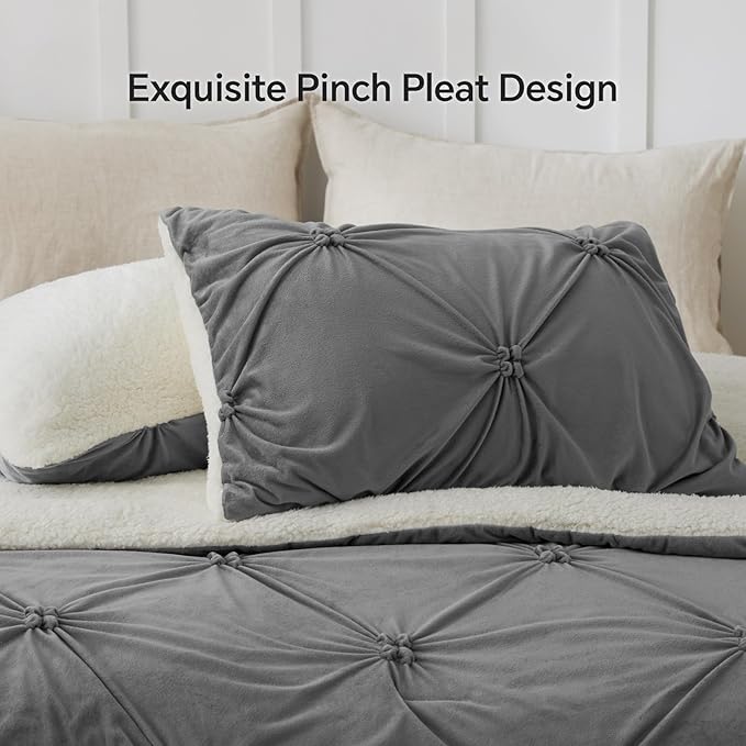 BEDELITE Pintuck Fluffy King Size Comforter Set - Super Soft Sherpa Grey Comforter for King Size Bed, Luxury Warm Bedding Set for Winter, Fuzzy Bed Set 3 Pieces (1 Comforter, 2 Pillowcases)