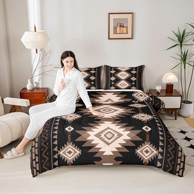 Feelyou Brown Black Western Bedding Set Full Size Southwestern Aztec Comforter Set Tribal Native American Indian Duvet Quilt
