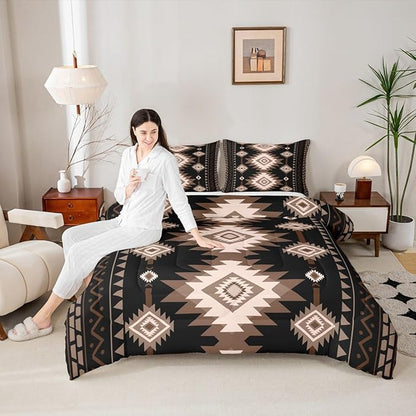 Feelyou Brown Black Western Bedding Set Full Size Southwestern Aztec Comforter Set Tribal Native American Indian Duvet Quilt