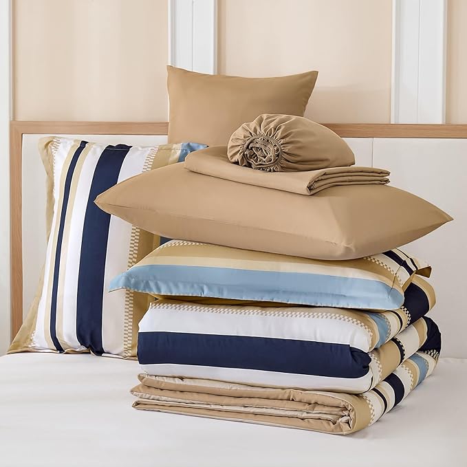 WONGS BEDDING King Size Comforter 7 Pieces, Khaki and Blue King Comforter Set with Sheets, Striped Bed in a Bag Boho Lightweight Bedding Set for All Seaon (104"x90")