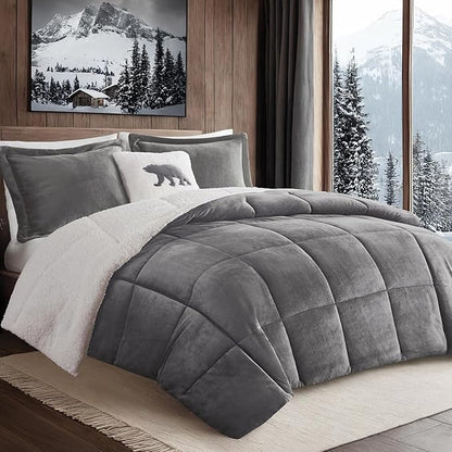 Woolrich Reversible Comforter Set Ultra Soft Plush to Sherpa, Down Alternative, Cold Weather Winter Warm Bedding, with Matching Sham, Decorative Pillow Charcoal/Ivory King 4 Piece
