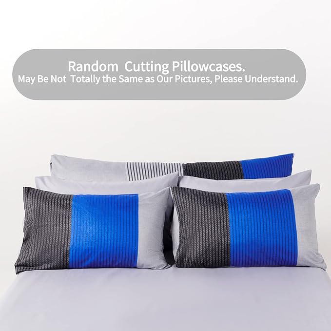 RYNGHIPY 8Pcs Blue and Grey Stripe Comforter Set Queen Size, Ultra Soft Microfiber Filling Patchwork Comforter Duvet, Bed Sheets and Pillowcases (Queen,Blue Grey)