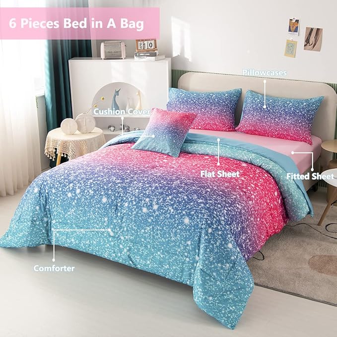 PERFEMET 6Pcs Pink Full Size Comforter Sets for Girls Colorful Rainbow Glitter Kids Bedding Set Sparkly Pastel Ombre Teen Girl Bed in A Bag Comforter Set with Sheets (Pink Blue, Full)