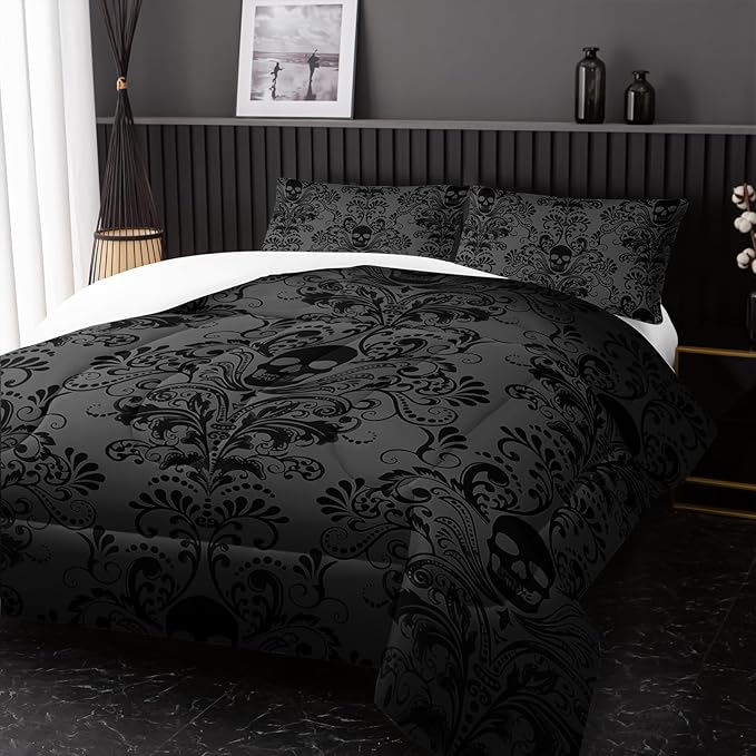 Adults Black Gothic Comforter Set Full Size,Vintage Damask Floral Bedding Set 3Pcs,Bohemia Bedding Set Goth Skull Printed Quilted Set for Teens Adult with 1 Comforter and 2 Pillowcase