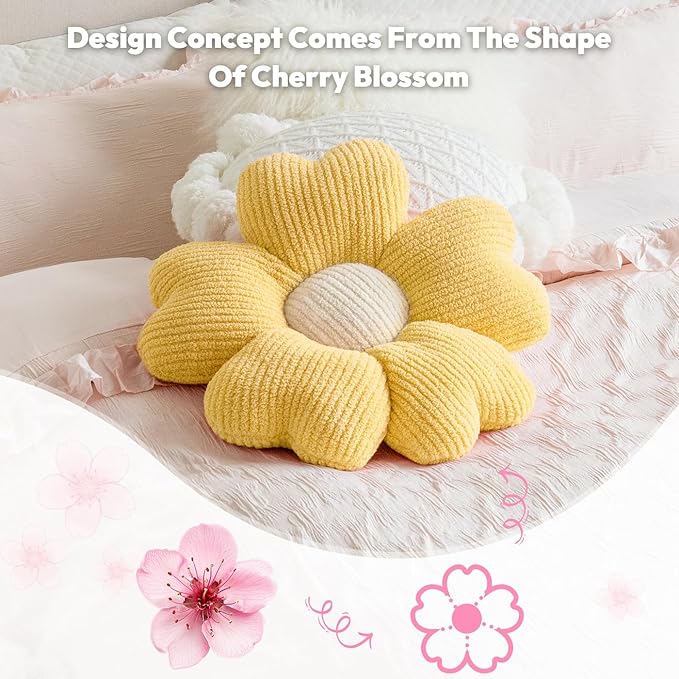 Sioloc Flower Throw Pillow, Fun Daisy Pillow, 25.6" Large Yellow Cute Decorative Seat Cushion Aesthetic Flower Plush Pillows for Bed Floor Couch Chair