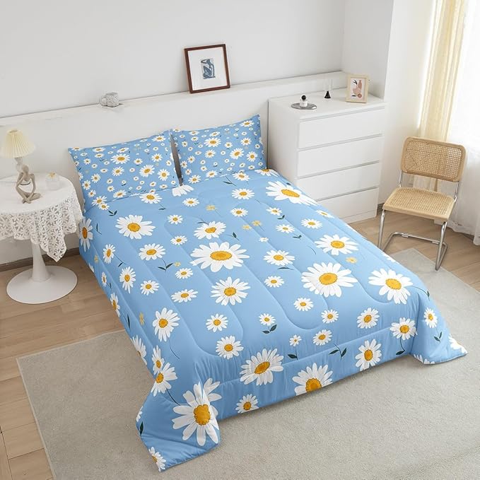 Manfei White Daisy Comforter Set King Size, Botanical Garden Artwork Quilt Set with 2 Pillowcases, Plants Theme Floral Bedding Set 3pcs for Kids Girls Room Decor Lightweight Duvet Insert