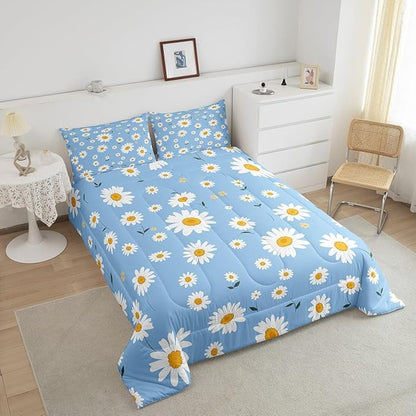 Manfei White Daisy Comforter Set King Size, Botanical Garden Artwork Quilt Set with 2 Pillowcases, Plants Theme Floral Bedding Set 3pcs for Kids Girls Room Decor Lightweight Duvet Insert