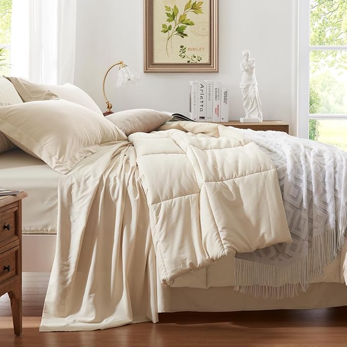 Anluoer Queen Comforter Set 7 Piece, Cream Bed in a Bag with Sheets, Comforters Queen Size Bedding Sets with 1 Comforter, 2 Pillow Shams, 2 Pillowcases, 1 Flat Sheet,1 Fitted Sheet