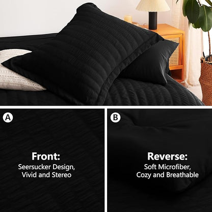 CozyLux California King Comforter Set with Sheets 7 Pieces, Black Seersucker Bed in a Bag Cal King Luxury Soft Bedding Sets with Down Alternative Comforter, Sheets, Pillowcases & Shams for All Season