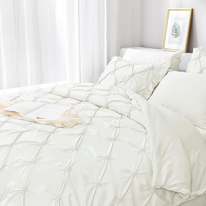 JOLLYVOGUE Ivory Twin Size Comforter Sets 5 Pieces, Pintuck Bed in a Bag Comforter Set for Bedroom, Bedding Comforter Sets with Comforter, Sheets, Ruffled Shams & Pillowcases