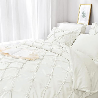 JOLLYVOGUE Ivory Twin Size Comforter Sets 5 Pieces, Pintuck Bed in a Bag Comforter Set for Bedroom, Bedding Comforter Sets with Comforter, Sheets, Ruffled Shams & Pillowcases