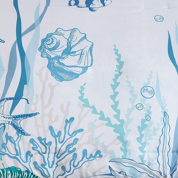 WONGS BEDDING Coastal Queen Size Comforter,7 Pieces Beach Nautical Themed Bed in a Bag Bedding Set,Ocean Coral Seashell Pattern Soft Warm Comforters for All Season, 90"x90"