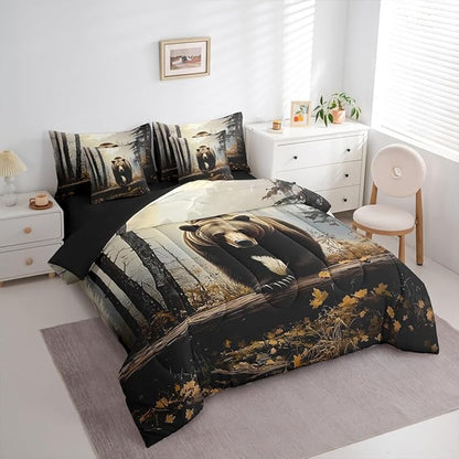 Erosebridal Nature Forest Bear 7- Piece Bedding Set Twin Size | Grizzly Brown Bear Comforter Set with Sheets for Kids Teens Adults Woodland Wild Animal Bed in A Bag Country Rustic Farmhouse Bed Sets