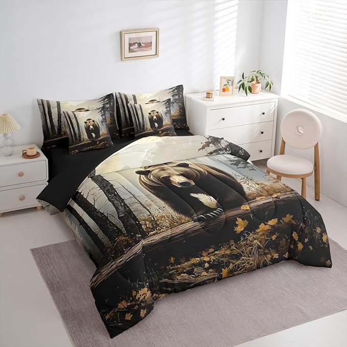 Erosebridal Nature Forest Bear 7- Piece Bedding Set King Size | Grizzly Brown Bear Comforter Set with Sheets for Kids Teens Adults Woodland Wild Animal Bed in A Bag Country Rustic Farmhouse Bed Sets