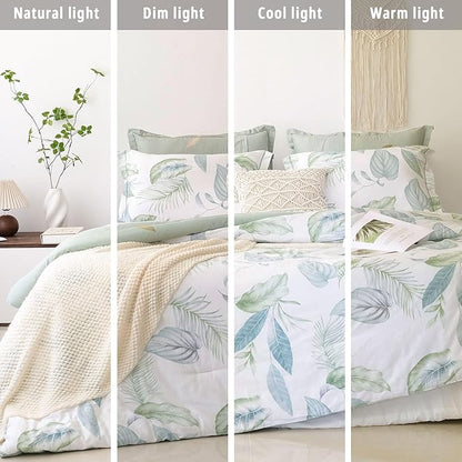 Botanical Cotton Comforter King Size - Sage Green Comforter Printed with Leaves & Ferns on White,Reversible Light-Weight Bedding Sets 3Pcs(Leaves,104"×90")