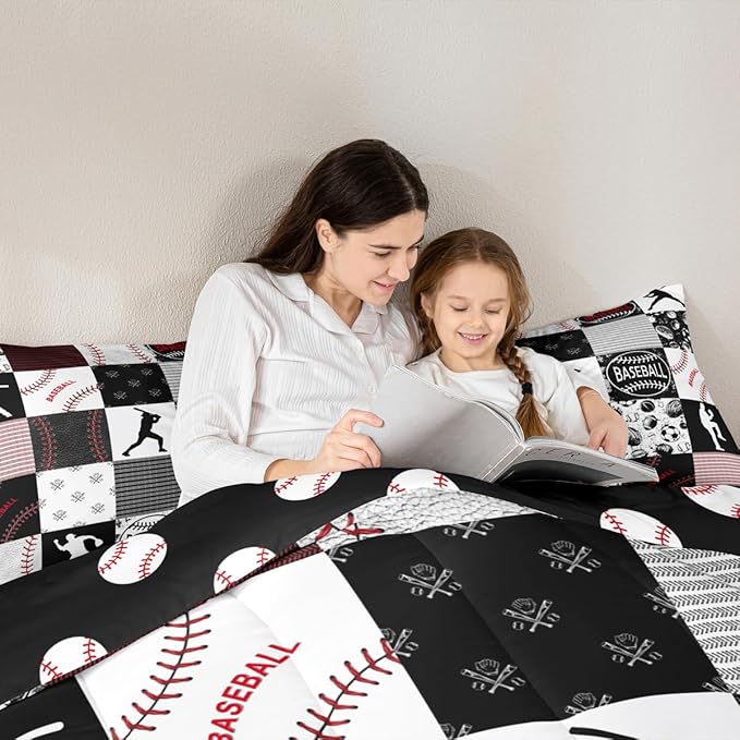 Erosebridal Kids Baseball Comforter Set Softball Bedding Set Sports Game Quilted Comforter for Boys Patchwork Down Comforter for Baseaball Player Gift, Red Black Gray Queen Size