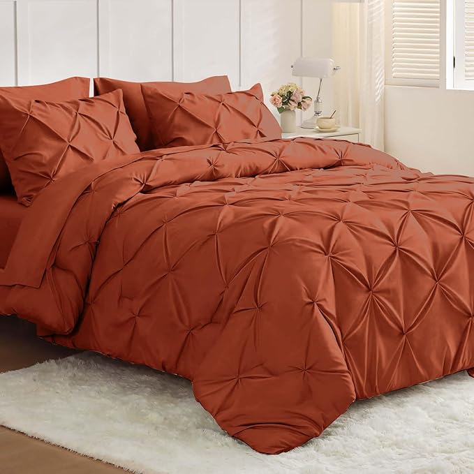 JOLLYVOGUE King Size Comforter Set 7 Pieces - Bed in a Bag King for All Season, Pintuck Bedding Comforter Sets with Comforter, Flat Sheet, Fitted Sheet and Pillowcases & Shams, Burnt Orange