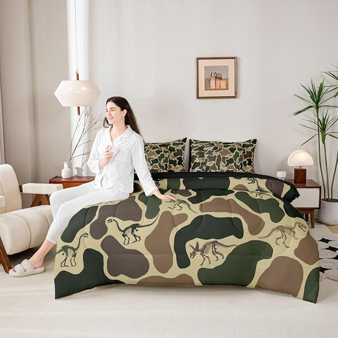 Erosebridal Dino Camouflage 7 Piece Bedding Set Queen Dark Green Camo Comforter Set with Sheets Dinosaur Skeleton Bed in a Bag Vintage Skeleton Rustic Bed Sets Comforter
