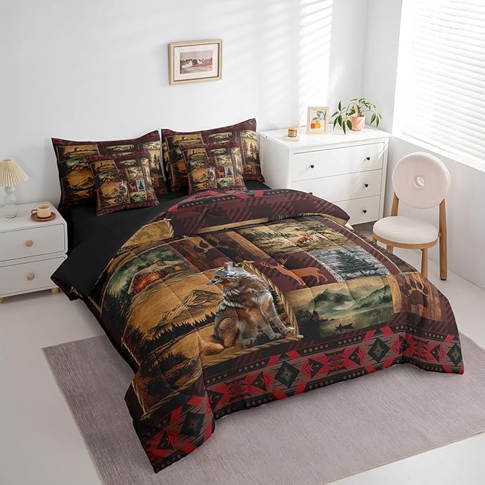 Erosebridal Deer Wolf Comforter Set King Size,Boho Tribal Ethnic Bed in a Bag for Kids Boys Girls Teens,Vintage Patchwork Bed Set,Woodland Jungle Wild Animal Reversible Bed Sets with Sheet Set