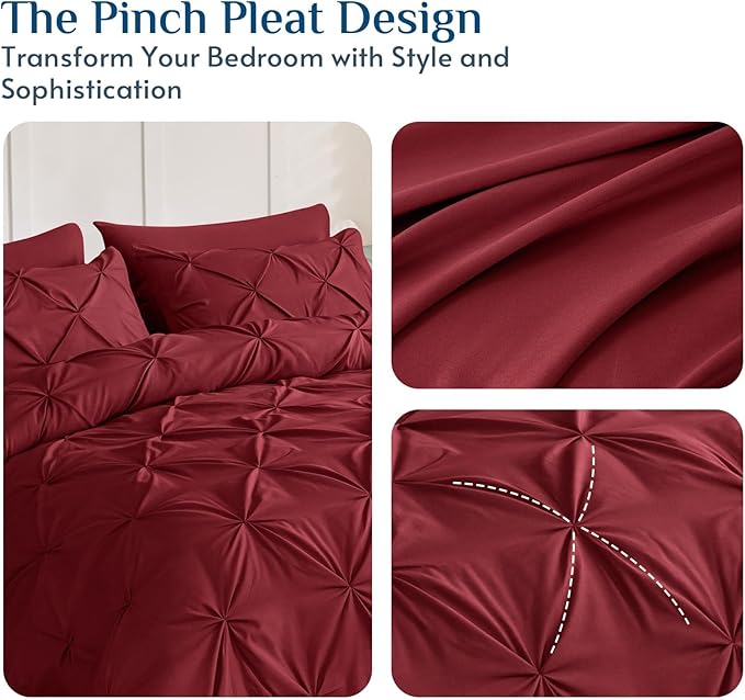 JOLLYVOGUE California King Comforter Set 7 Pieces - Bed in a Bag Cal King for All Season, Pintuck Bedding Comforter Sets with Comforter, Flat Sheet, Fitted Sheet and Pillowcases & Shams, Burgundy