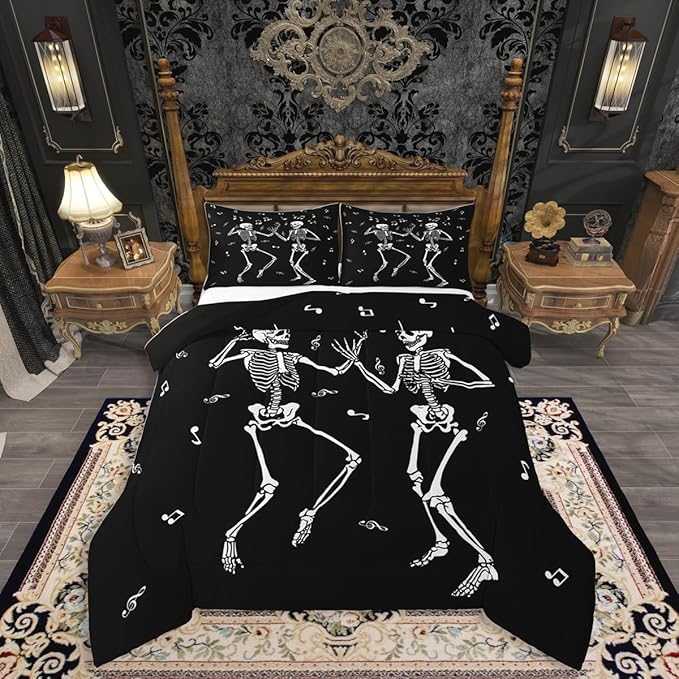 Erosebridal Halloween Skull Dancing Comforter Set Toddler, Gothic Skull Singing Bedding Set, Skeleton Music Note Comforter, Musical Notes Quilt for Kids Boys Men Goth Room Decor, 2 Piece