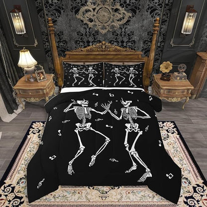 Erosebridal Halloween Skull Dancing King Size Comforter Set, Gothic Skull Singing Bedding Set, Skeleton Music Note Comforter, Musical Notes Quilt for Kids Boys Men Goth Room Decor, 3 Piece