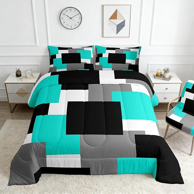 Castle Fairy Teal Black Grey Comforter Set King Size,Abstract Geometric Grid Down Alternative Adults Bedroom Decor,Modern Square Splicing Ultra Soft Microfiber Inner Fill 3Pcs Bedding