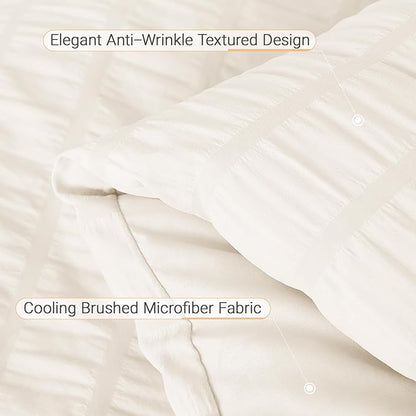MUXHOMO 5 Pieces Twin Comforter Set, Seersucker Bed in a Bag Twin Size, All Season Luxury Bedding Set with Comforter, Flat Sheet, Fitted Sheet, Pillowcase & Sham, Ivory