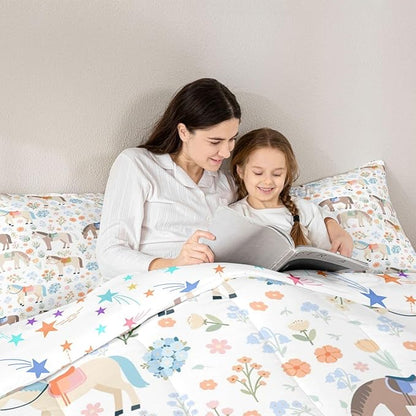 Cute Horse Bedding Sets Full Size,Watercolor Flower Comforter Set 3Pcs for Kids Girls Boys Women Room Decor,Rustic Farmhouse Quilted Duvet Boho Animal Plants Down Comforter,2 Pillowcases