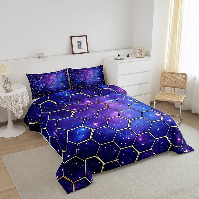 Manfei Yellow Honeycomb Comforter Set Toddler Size, Blue Galaxy Bedding Set 2pcs, Geometric Hexagon Print on Starry Sky Down Comforter for All Season, Kids Boys Girls Room Decor, 1 Pillowcase