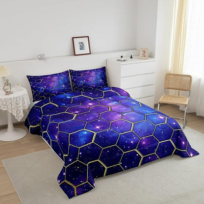 Manfei Yellow Honeycomb Comforter Set King Size, Blue Galaxy Bedding Set 3pcs, Geometric Hexagon Print on Starry Sky Down Comforter for All Season, Kids Boys Girls Room Decor, 2 Pillowcases