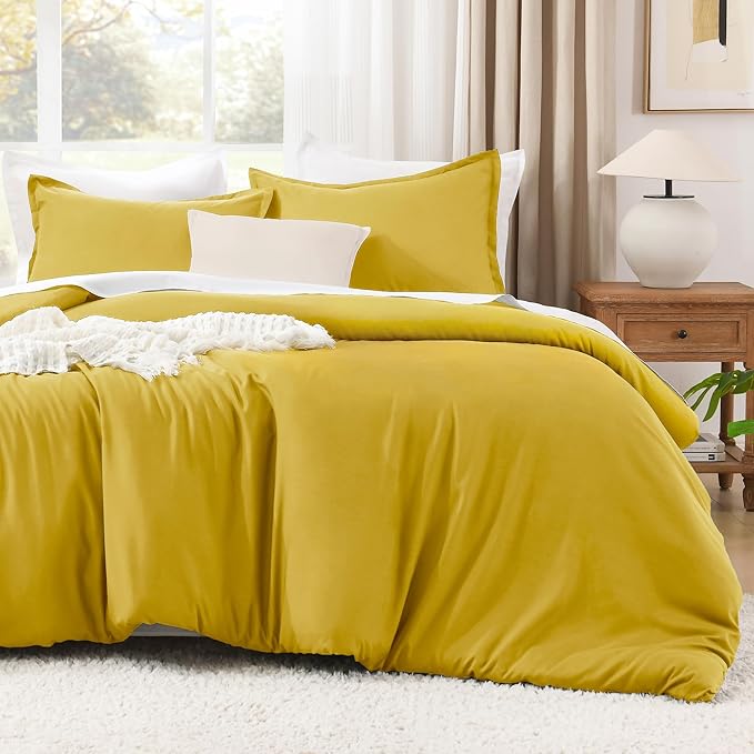 Litanika Mustard Yellow Comforter Set Full Size, 3 Pieces Lightweight Solid Bedding Comforter Set, All Season Fluffy Bed Set (79x90In Comforter & 2 Pillowcases)