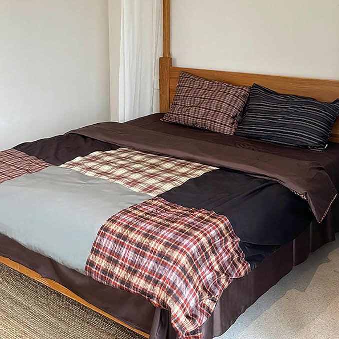 Nayoroom Plaid Comforter Set Queen Size Vintage Brown Patchwork Checkered Comforter 3 Pieces Soft Lightweight Farmhouse Dorm Bedding Set for All Seasons