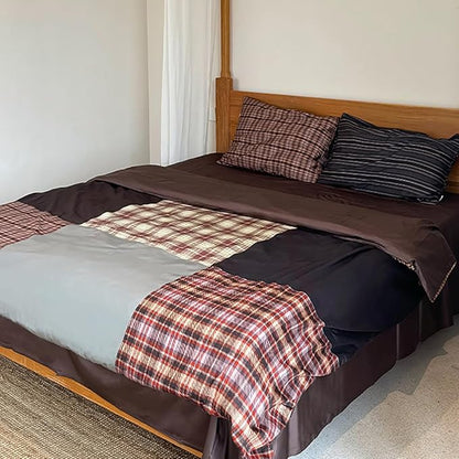 Nayoroom Plaid Comforter Set Queen Size Vintage Brown Patchwork Checkered Comforter 3 Pieces Soft Lightweight Farmhouse Dorm Bedding Set for All Seasons