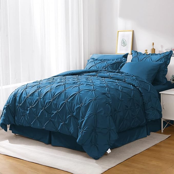 JOLLYVOGUE Queen Comforter Set 7 Pieces, Teal Bed in a Bag Comforter Set for Bedroom, Bedding Comforter Sets with Comforter, Sheets,Ruffled Shams & Pillowcases