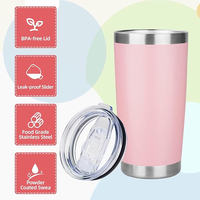 20oz Tumbler with Lid Stainless Steel Insulated Tumblers Travel Coffee Tumbler Bulk Double Wall Vacuum Insulated Water Cup Christmas Gifts for Women Men Her Him Home Office (Pink, 1pack)