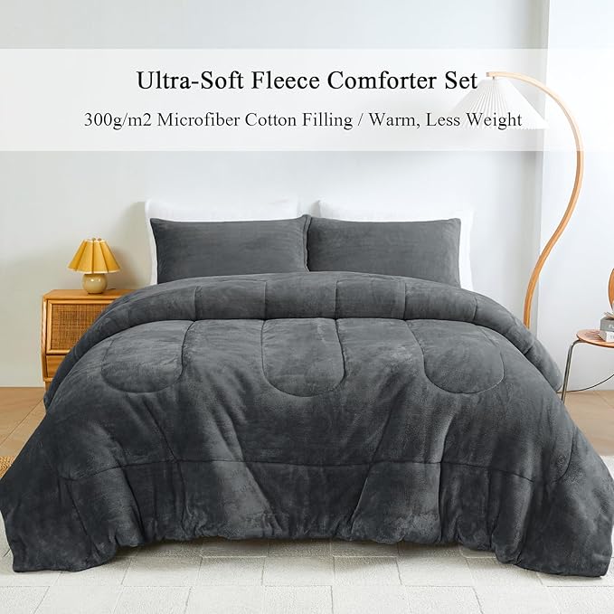 Faux Fur Comforter Set, Ultra Soft Warm Plush Velvet Comforter, Fluffy Fuzzy Fleece Bedding Comforter Sets for Fall Winter, No Shedding, 3PC, King Size, Dark Grey