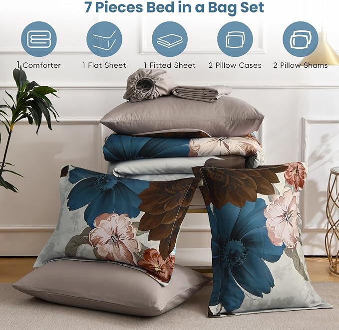 WONGS BEDDING Floral Comforter Set Queen Size, 7 Pieces Bed in a Bag Bedding Set, Grey and Blue Flower Comforter Soft Microfiber for All Season with Pillowcases & Shams,Sheets(90"×90")