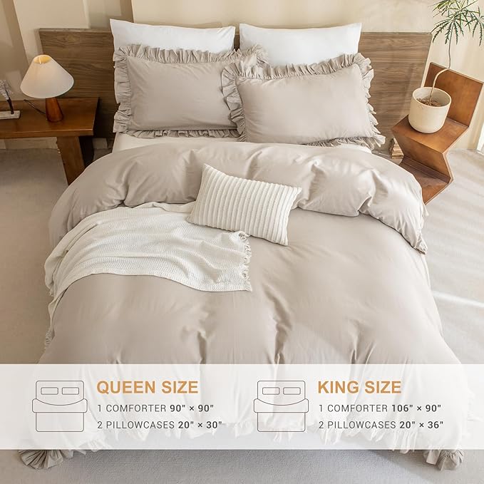 Sanracie Queen Comforter Sets, Cotton Ruffled Boho Comforter Set Queen 3 Pieces Linen Feel Farmhouse Vintage Shabby Boho Chic Bedding Soft Lightweight Bed Set for All Season
