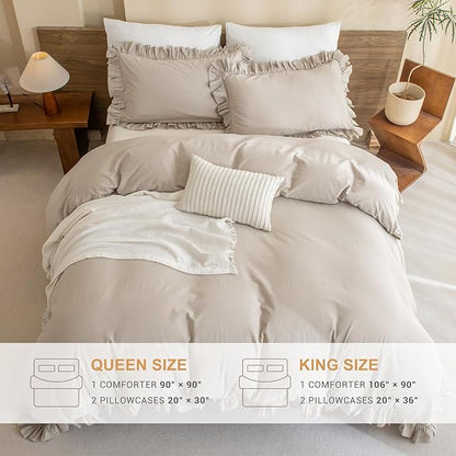 Sanracie Queen Comforter Sets, Cotton Ruffled Boho Comforter Set Queen 3 Pieces Linen Feel Farmhouse Vintage Shabby Boho Chic Bedding Soft Lightweight Bed Set for All Season