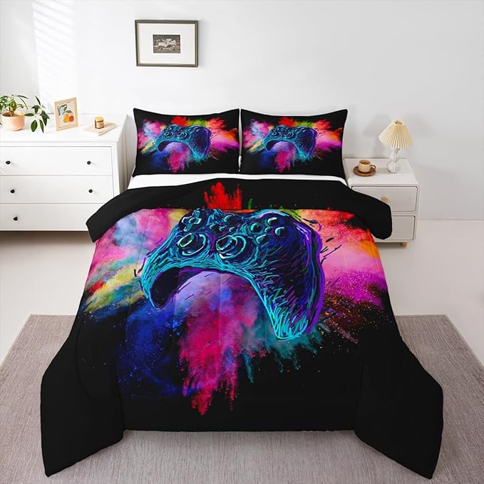 Erosebridal Boys Gaming Bed Comforter Set King Size,Kids Gamer Bedding Sets Girls,Colorful Tie Dye Video Game Quilt Comforter Navy Blue Gamepad Lightweight Bedding Set 1 Comforter with 2 Pillowcases